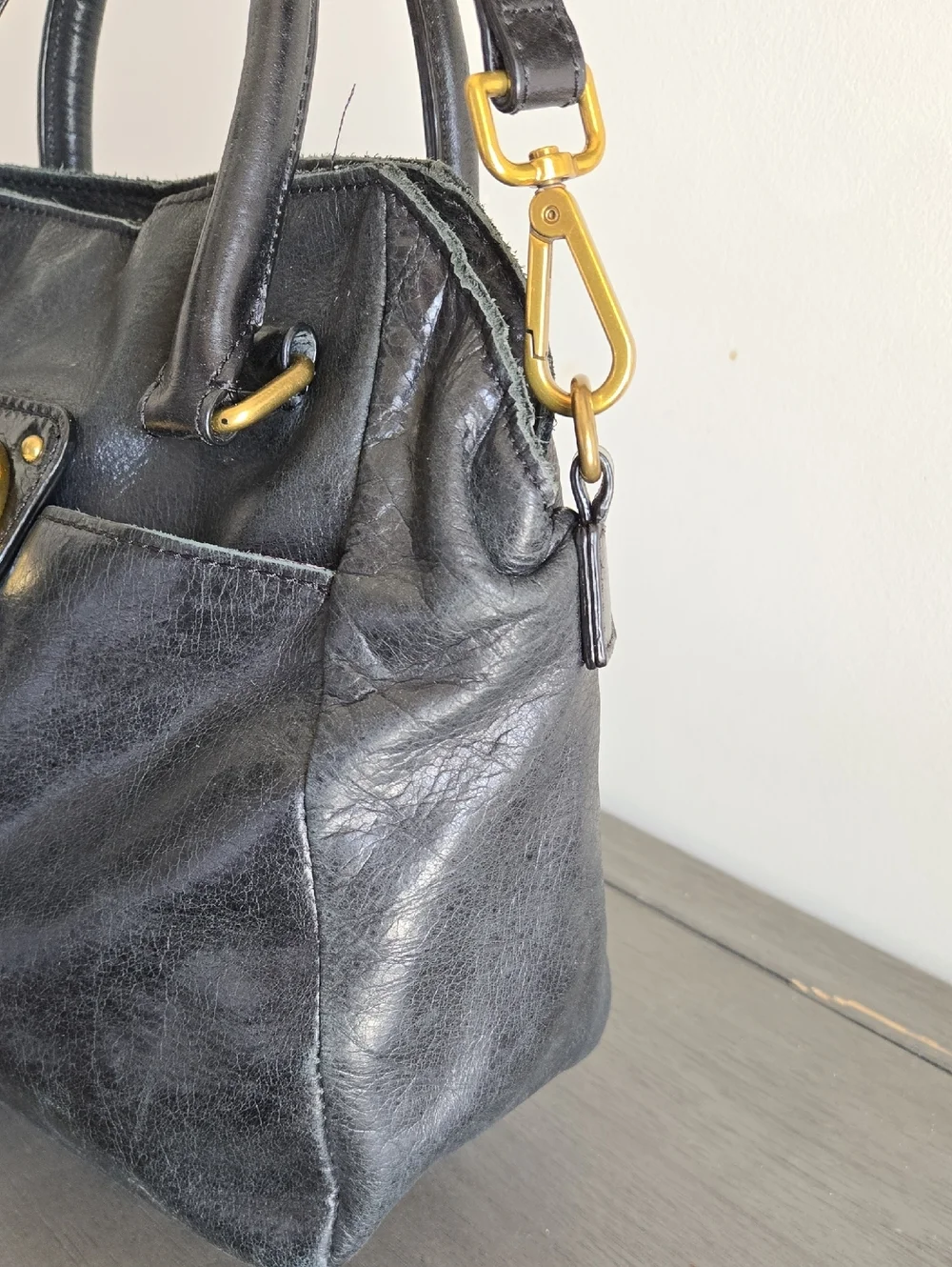 Elliott Lucca Black Leather Satchel with Gold Hardware